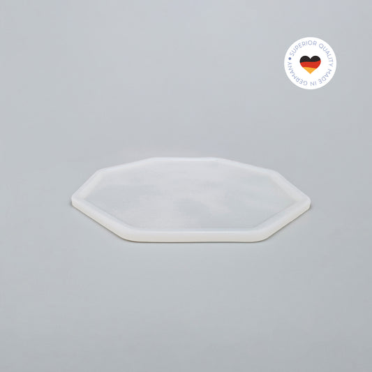 8-eckige farblose Silikonunterlage für Katzengeschirr, Länge 27,5 cm und Breite 27,5 cm – Ansicht von schräg oben