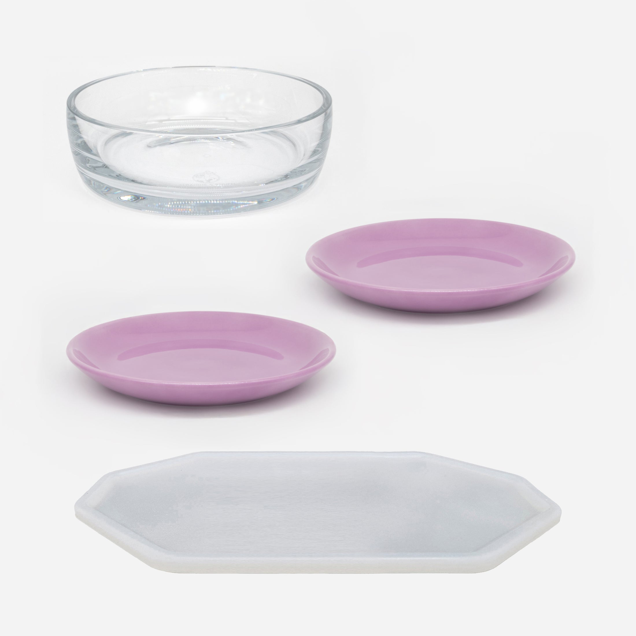 Übersicht Einzelteile Essgeschirr-Set in Größe 18 cm für Katzen – 2 pinke Katzenteller, 1 Trinkschale, 1 Unterlage (180)