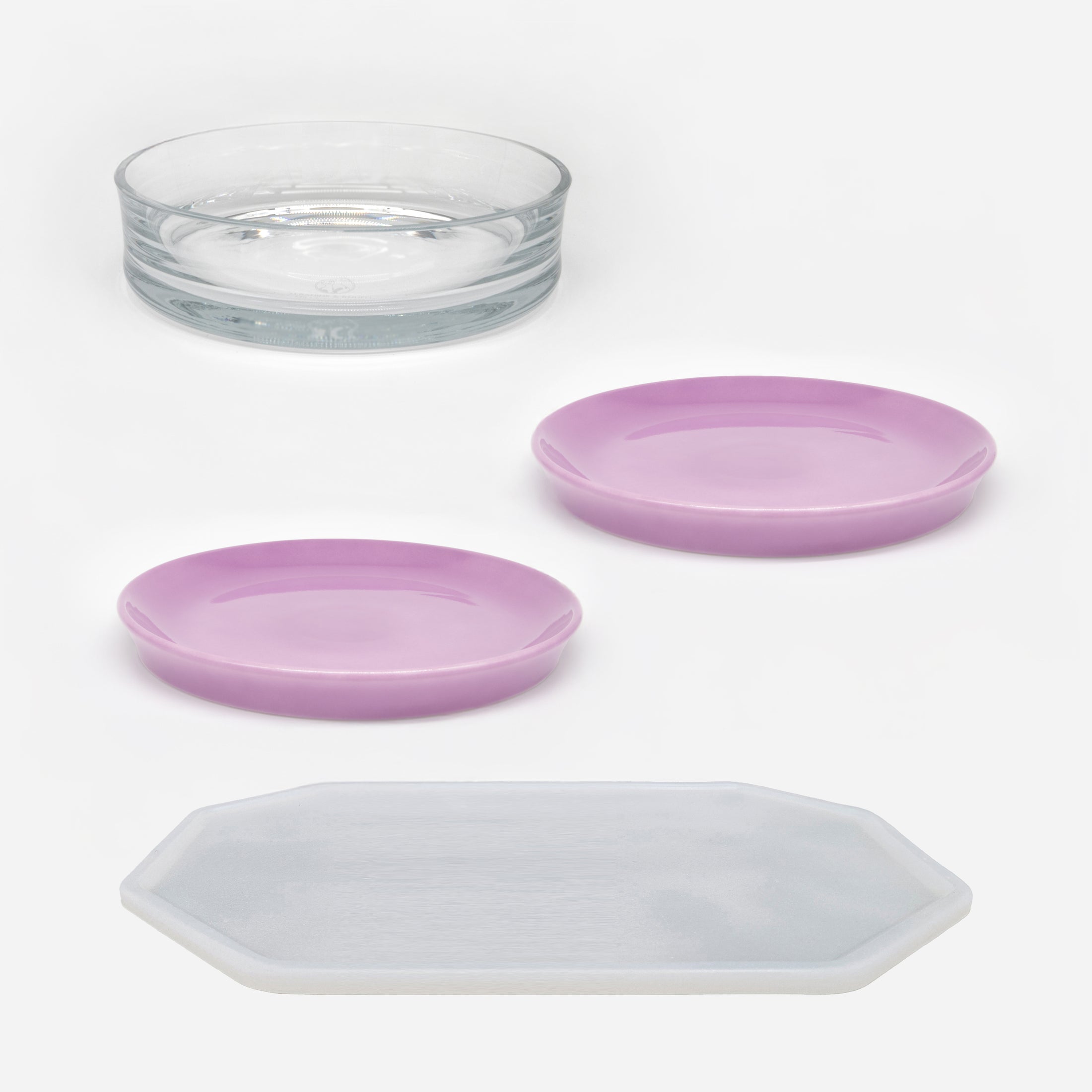 Übersicht Einzelteile Essgeschirr-Set in Größe 22 cm für Katzen – 2 pinke Katzenteller, 1 Trinkschale, 1 Unterlage (220)