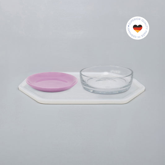 2er Essgeschirr-Set für Katzen – 1 Unterlage, 1 Katzenteller und 1 Trinkschale in Größe 18 cm – Ansicht von schräg oben (180)