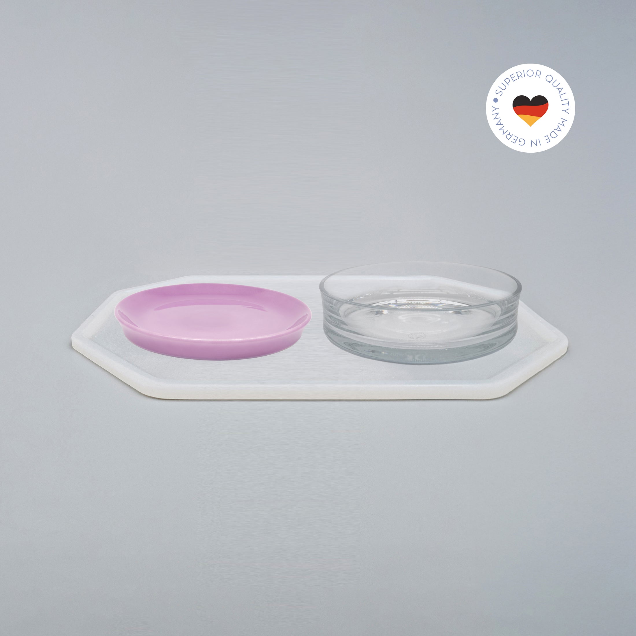 2er Essgeschirr-Set für Katzen – 1 Unterlage, 1 Katzenteller und 1 Trinkschale in Größe 22 cm – Ansicht von schräg oben (220)