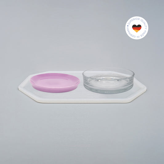 2er Essgeschirr-Set für Katzen – 1 Unterlage, 1 Katzenteller und 1 Trinkschale in Größe 22 cm – Ansicht von schräg oben (220)