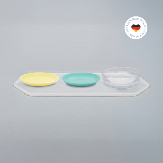 3er Essgeschirr-Set für Katzen – 1 Unterlage, 2 Katzenteller und 1 Trinkschale in Größe 20 cm – Ansicht von schräg oben (200)