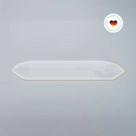 8-eckige farblose Silikonunterlage für Katzengeschirr, Länge 73,5 cm und Breite 27,5 cm – Ansicht von schräg oben