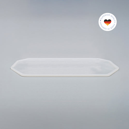 8-eckige farblose Silikonunterlage für Katzengeschirr, Länge 81,5 cm und Breite 30,5 cm – Ansicht von schräg oben