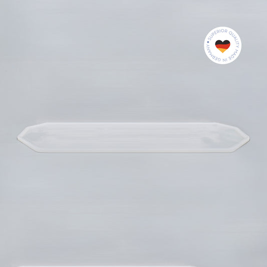 8-eckige farblose Silikonunterlage für Katzengeschirr, Länge 96,5 cm und Breite 27,5 cm – Ansicht von schräg oben