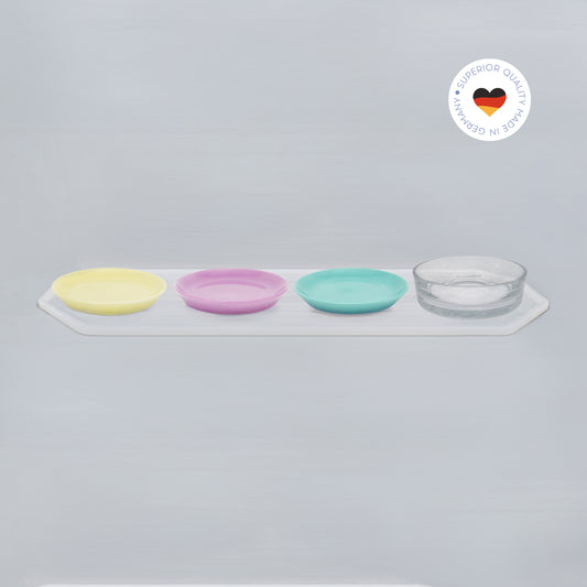 4er Essgeschirr-Set für Katzen – 1 Unterlage lang, 3 Katzenteller und 1 Trinkschale in Größe 20 cm – Ansicht von schräg oben (200)