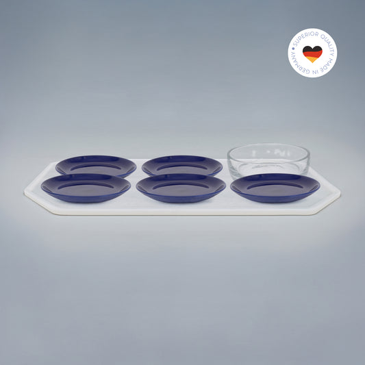 Essgeschirr-Set für Katzen: 5 dunkelblaue Porzellan-Katzenteller und 1 Glas-Trinkschale in Größe 18 cm auf farbloser Silikon-Unterlage (180)