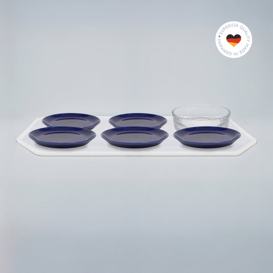 Essgeschirr-Set für Katzen: 5 dunkelblaue Porzellan-Katzenteller und 1 Glas-Trinkschale in Größe 20 cm auf farbloser Silikon-Unterlage (200)