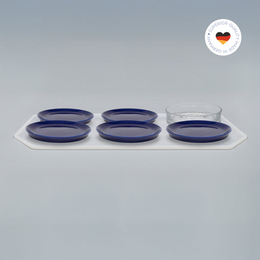 Essgeschirr-Set für Katzen: 5 dunkelblaue Porzellan-Katzenteller und 1 Glas-Trinkschale in Größe 22 cm auf farbloser Silikon-Unterlage (220)