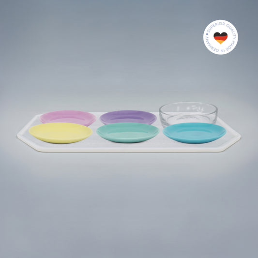 6er Essgeschirr-Set für Katzen – 1 Unterlage, 5 Katzenteller und 1 Trinkschale in Größe 18 cm – Ansicht von schräg oben (180)