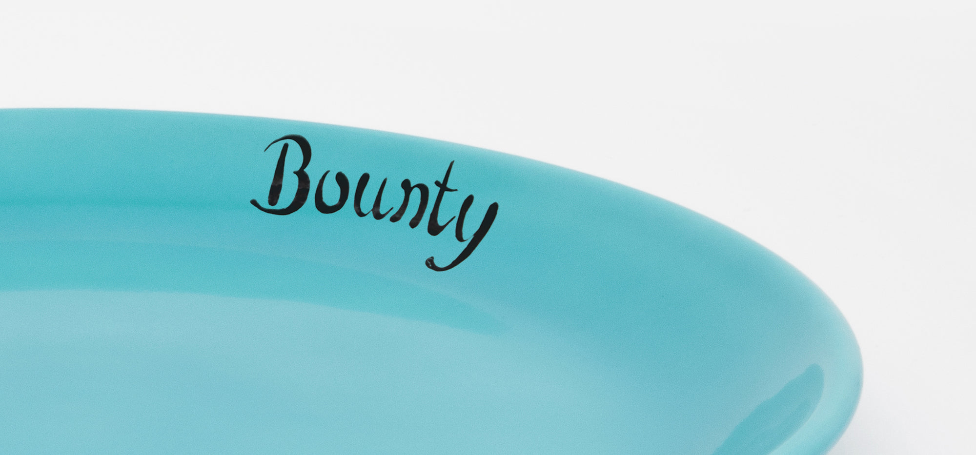 Close-up detail of the inner rim of a blue cat plate with personalised inscription in black