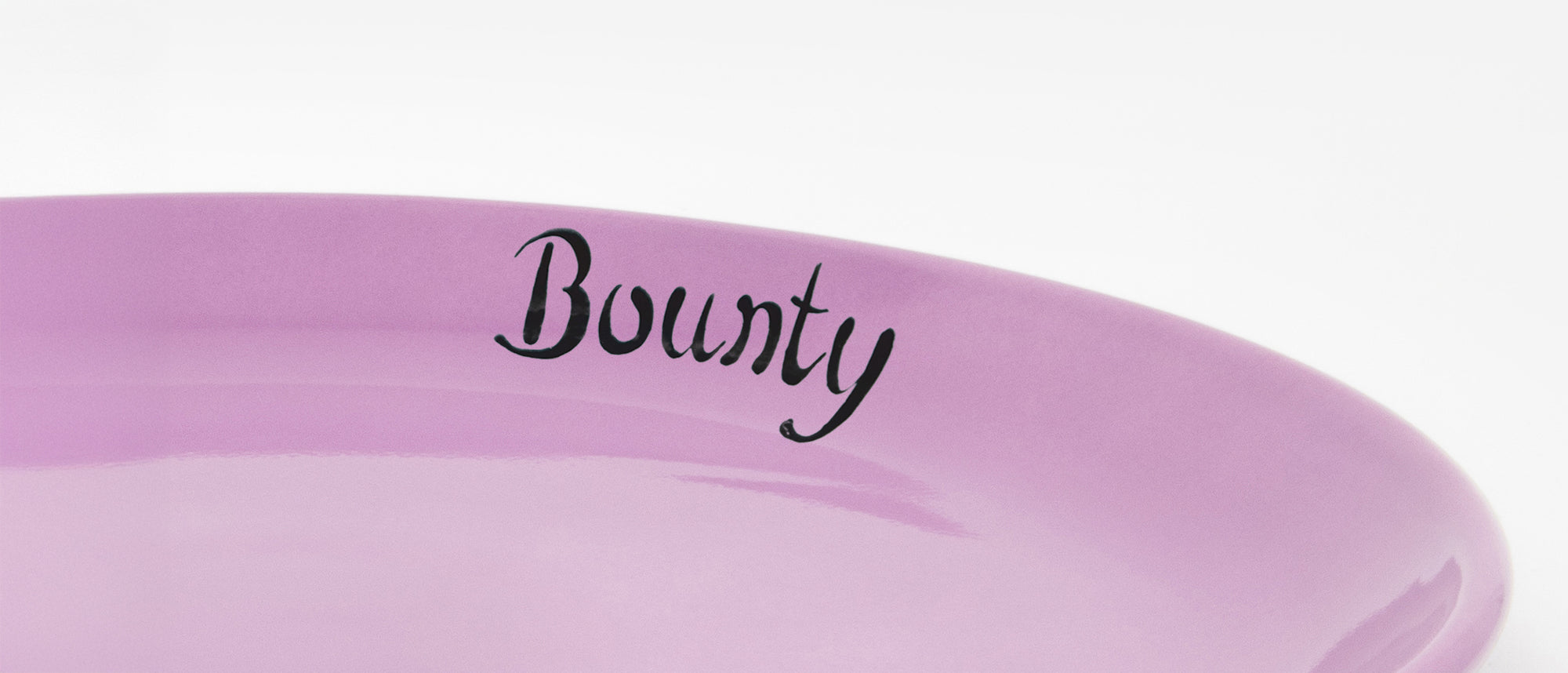 Close-up detail of the inner rim of a pink cat plate with personalised inscription in black