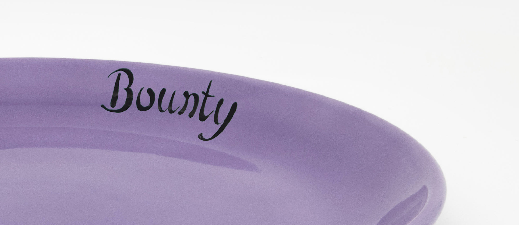 Close-up detail of the inner rim of a purple cat plate with personalised inscription in black