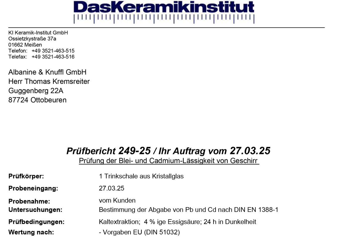 Screenshot of test report on food safety approval for Albanine & Knuffl drinking bowls for cats