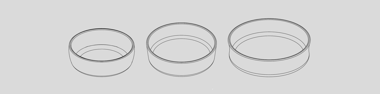 Form-Skizzen der 3 Trinkschalen für Katzen von Albanine & Knuffl – Ansicht nebeneinander von schräg oben