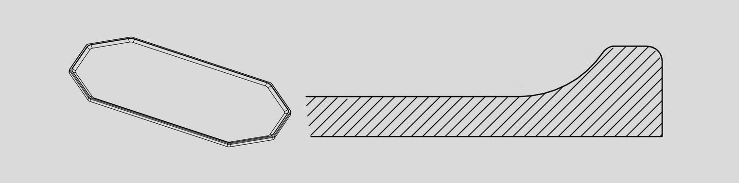 Form-Skizze und Querschnitt-Skizze von 8-eckiger Unterlage mit Überlaufrand für Katzengeschirr von Albanine & Knuffl