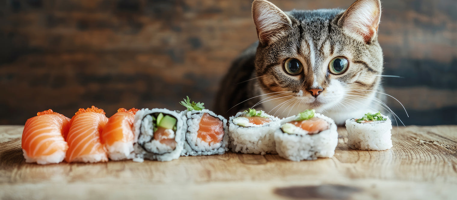 Nahaufnahme frontal – Katze als Häppchenfresser vor einem Sortiment aus Fisch- und Sushi-Häppchen