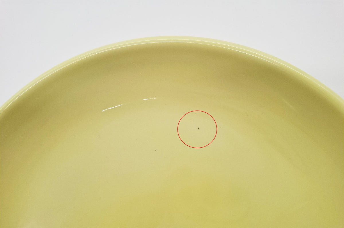 Ausschnitt Nahaufnahme gelber Katzenteller mit winzigem Punkt als sehr leichtem Produktionsfehler – gekennzeichnet durch roten Kreis