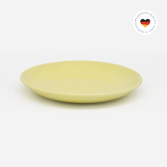 Gelber Katzenteller aus Porzellan in Größe 18 cm – Ansicht von schräg oben (Faded Linden Yellow)