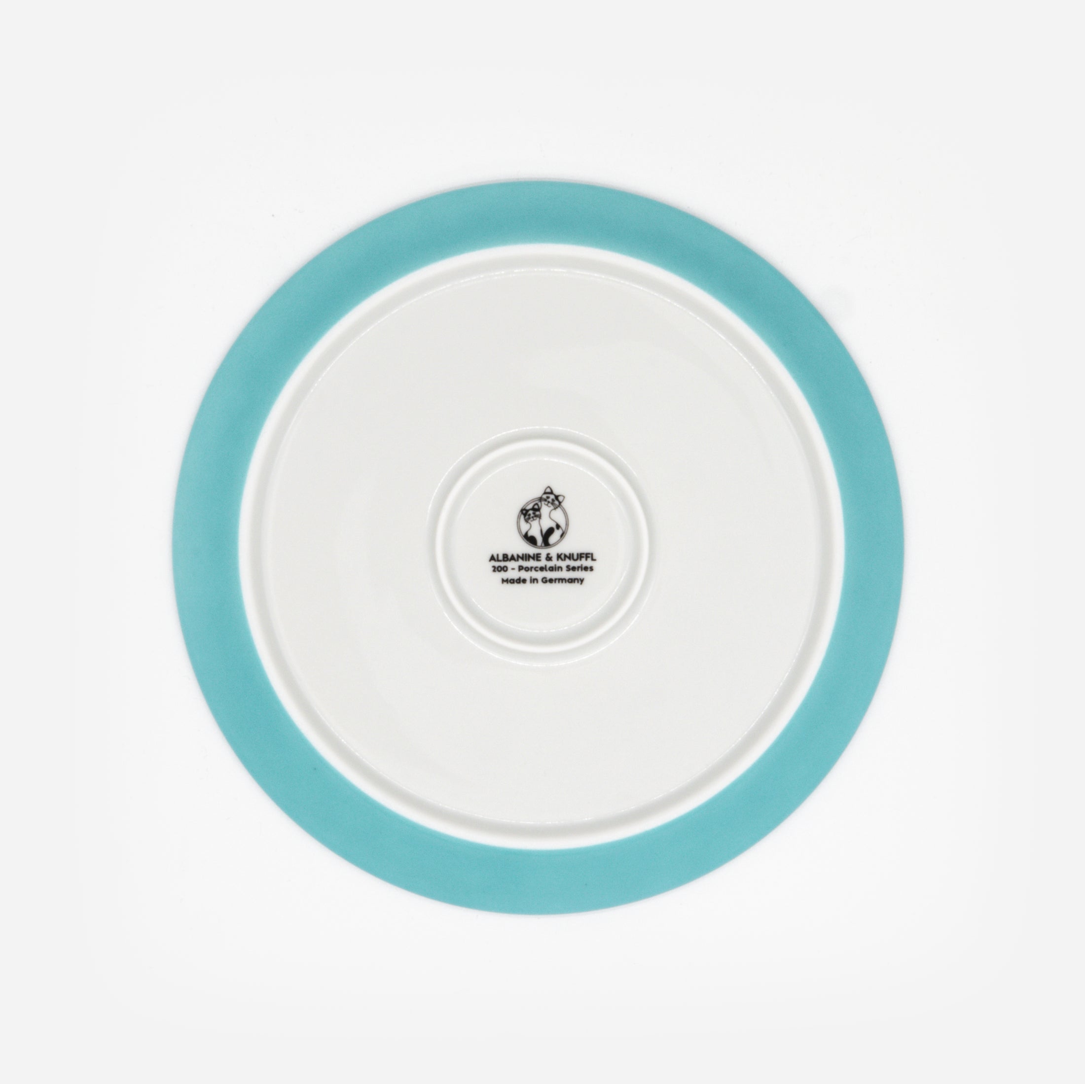 Rückseite hellblauer Katzenteller aus Porzellan in Größe 20 cm mit Füßen und Bodenmarke – Ansicht von oben