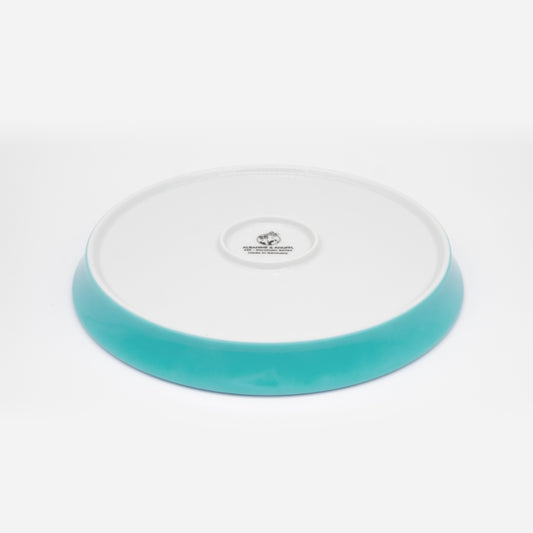 Rückseite hellblauer Katzenteller aus Porzellan in Größe 22 cm mit Füßen - Ansicht von schräg oben