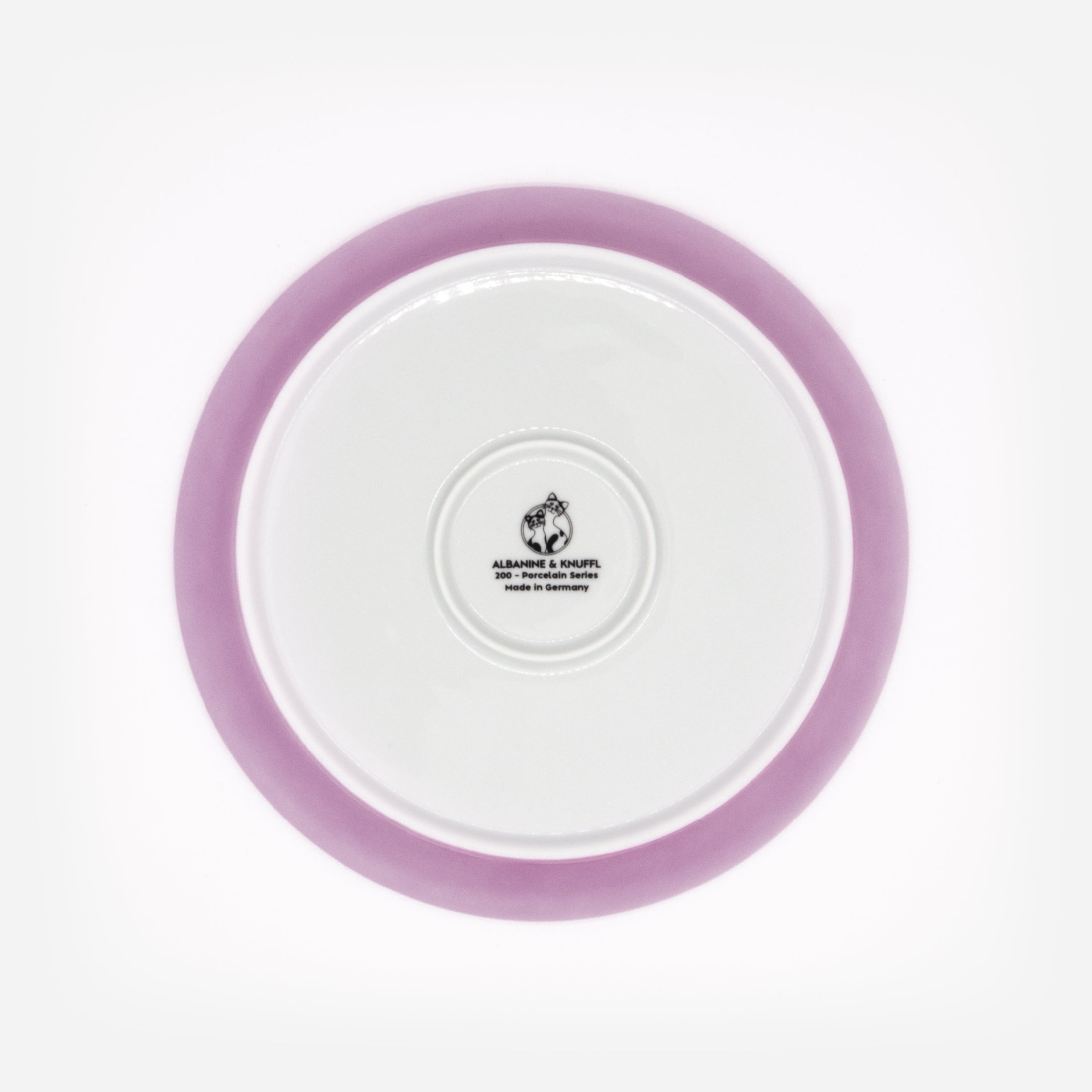 Rückseite Katzenteller pink aus Porzellan in Größe 20 cm mit Füßen und Bodenmarke – Ansicht von oben (Berry Shake)