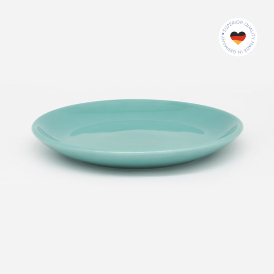 Katzenteller türkis aus Porzellan in Größe 18 cm – Ansicht von schräg oben (Jungle Dawn)