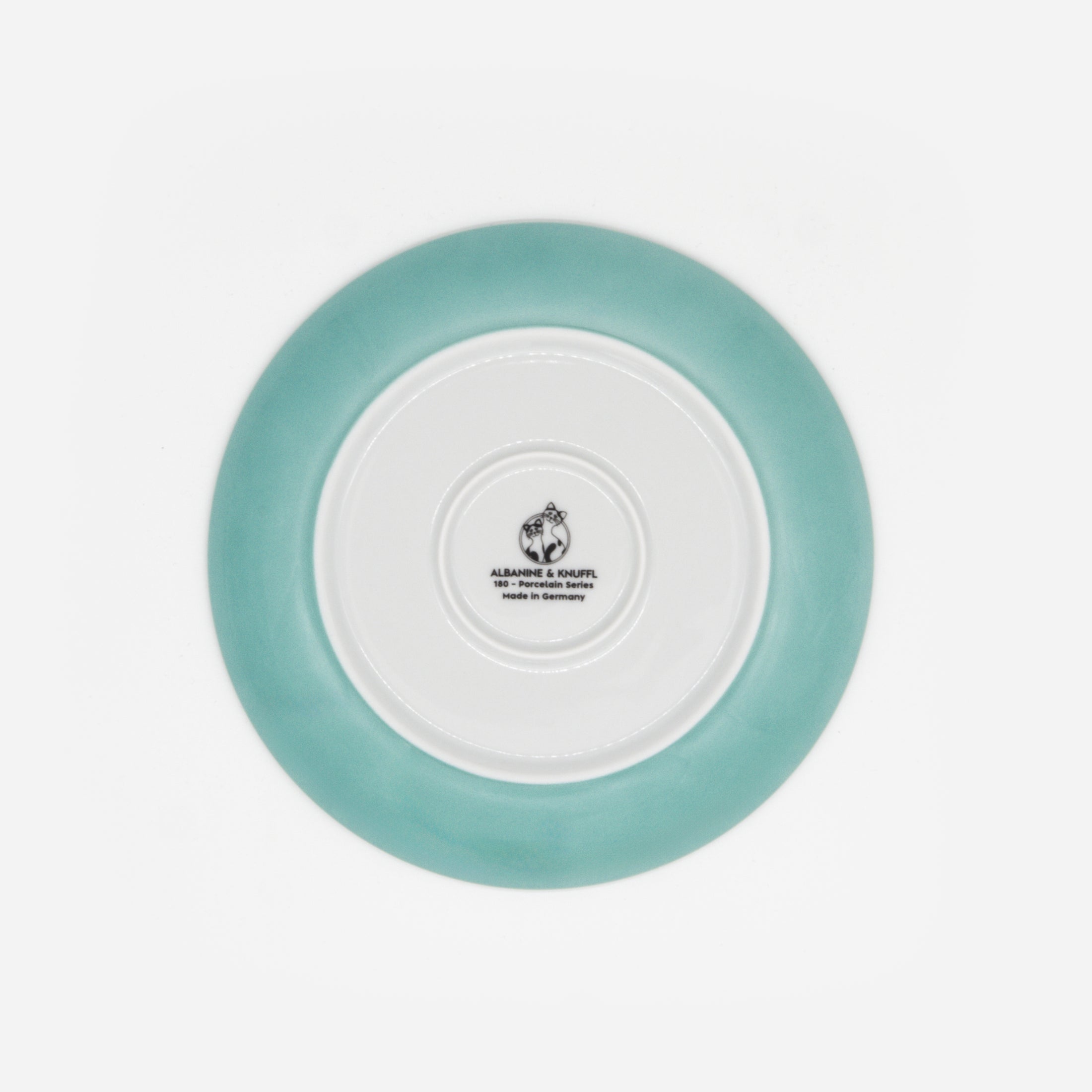 Rückseite Katzenteller türkis aus Porzellan in Größe 18 cm mit Füßen und Bodenmarke – Ansicht von oben (Jungle Dawn)