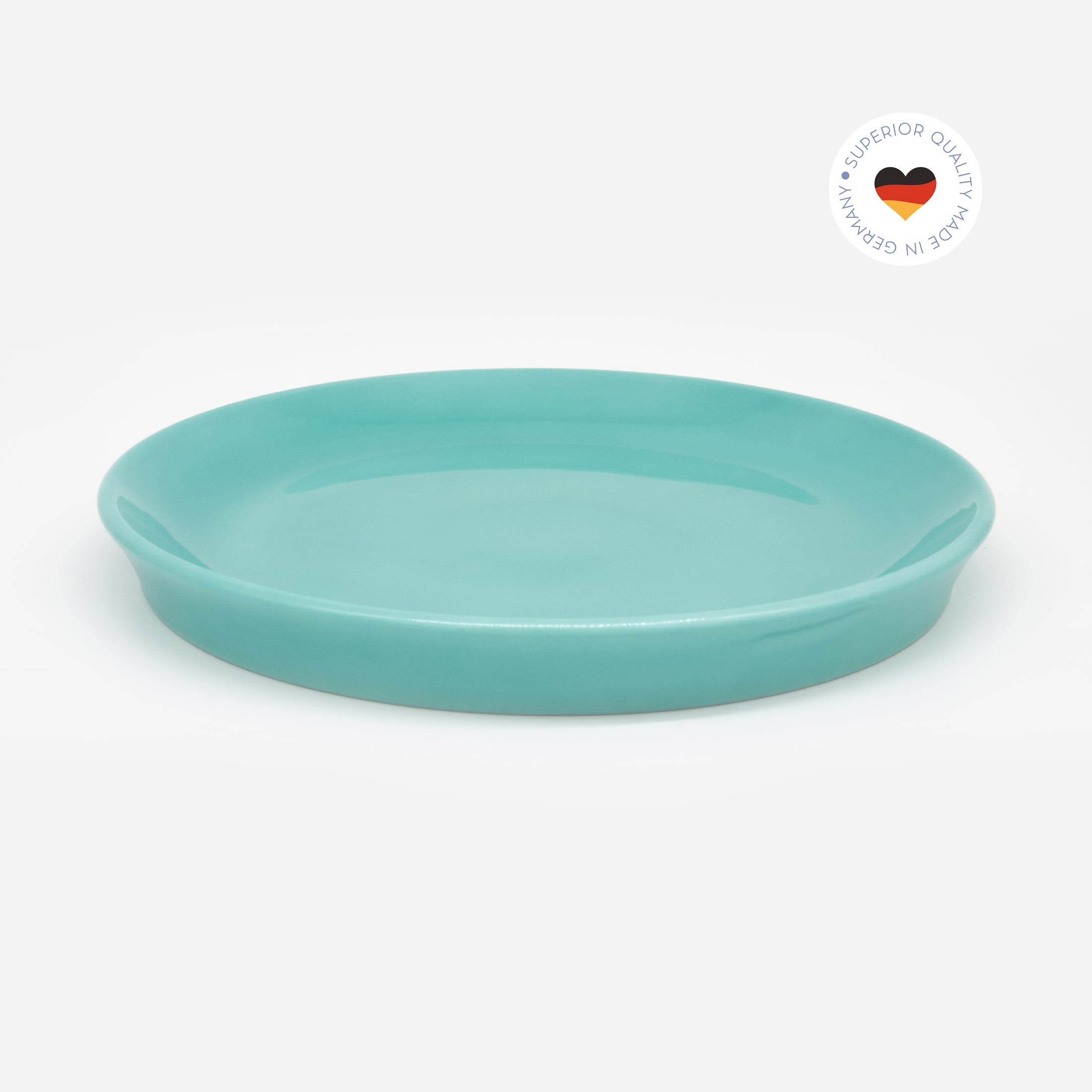 Katzenteller türkis aus Porzellan in Größe 22 cm – Ansicht von schräg oben (Jungle Dawn)