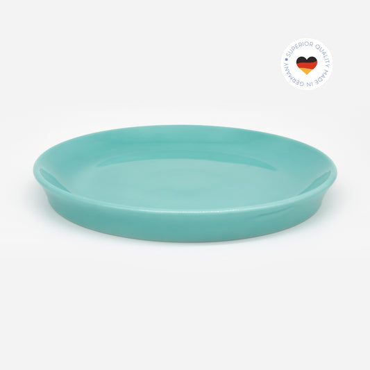 Katzenteller türkis aus Porzellan in Größe 22 cm – Ansicht von schräg oben (Jungle Dawn)