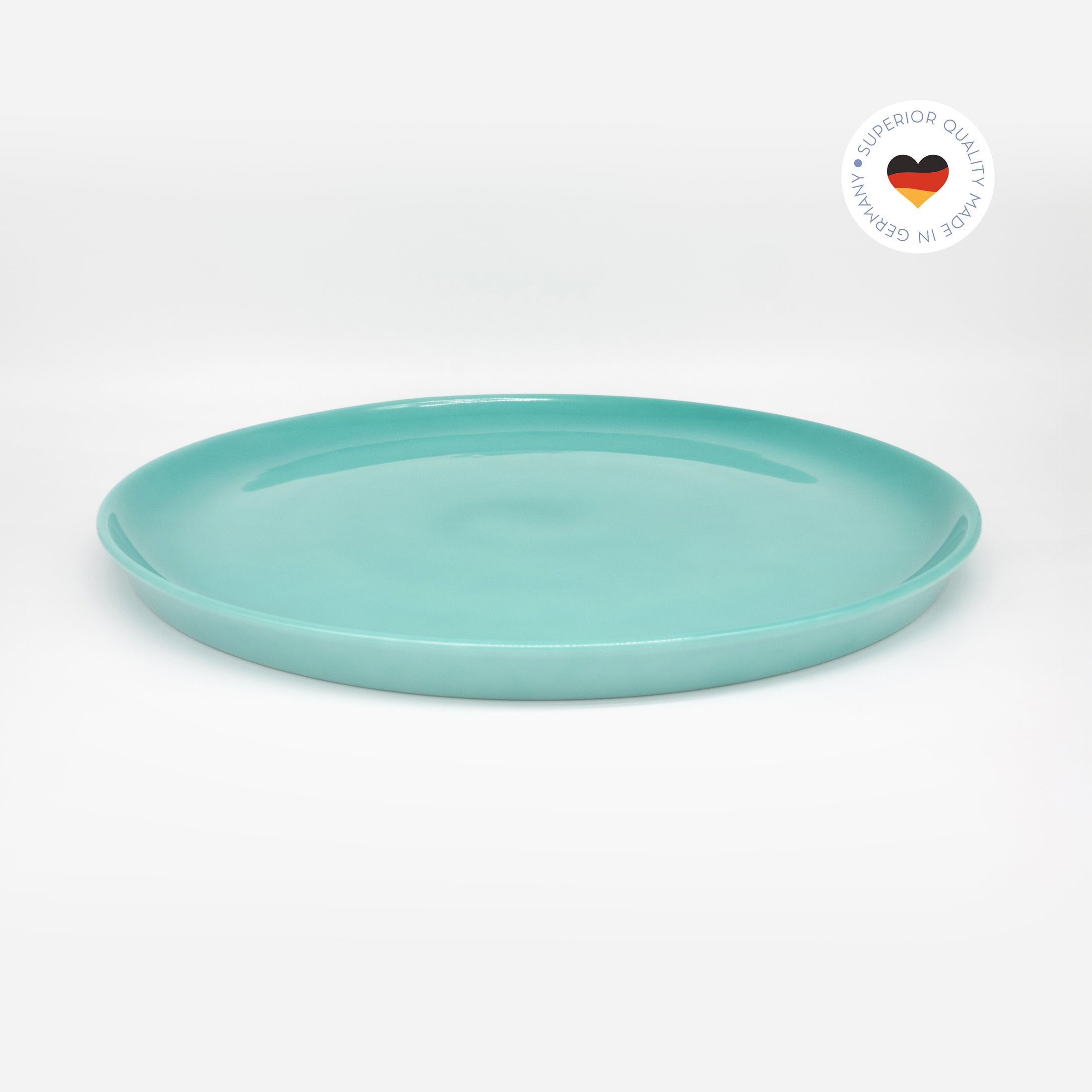 Katzenteller türkis aus Porzellan in Größe 42 cm – Ansicht von schräg oben (Jungle Dawn)