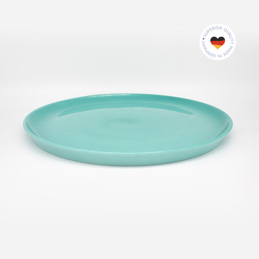 Katzenteller türkis aus Porzellan in Größe 42 cm – Ansicht von schräg oben (Jungle Dawn)