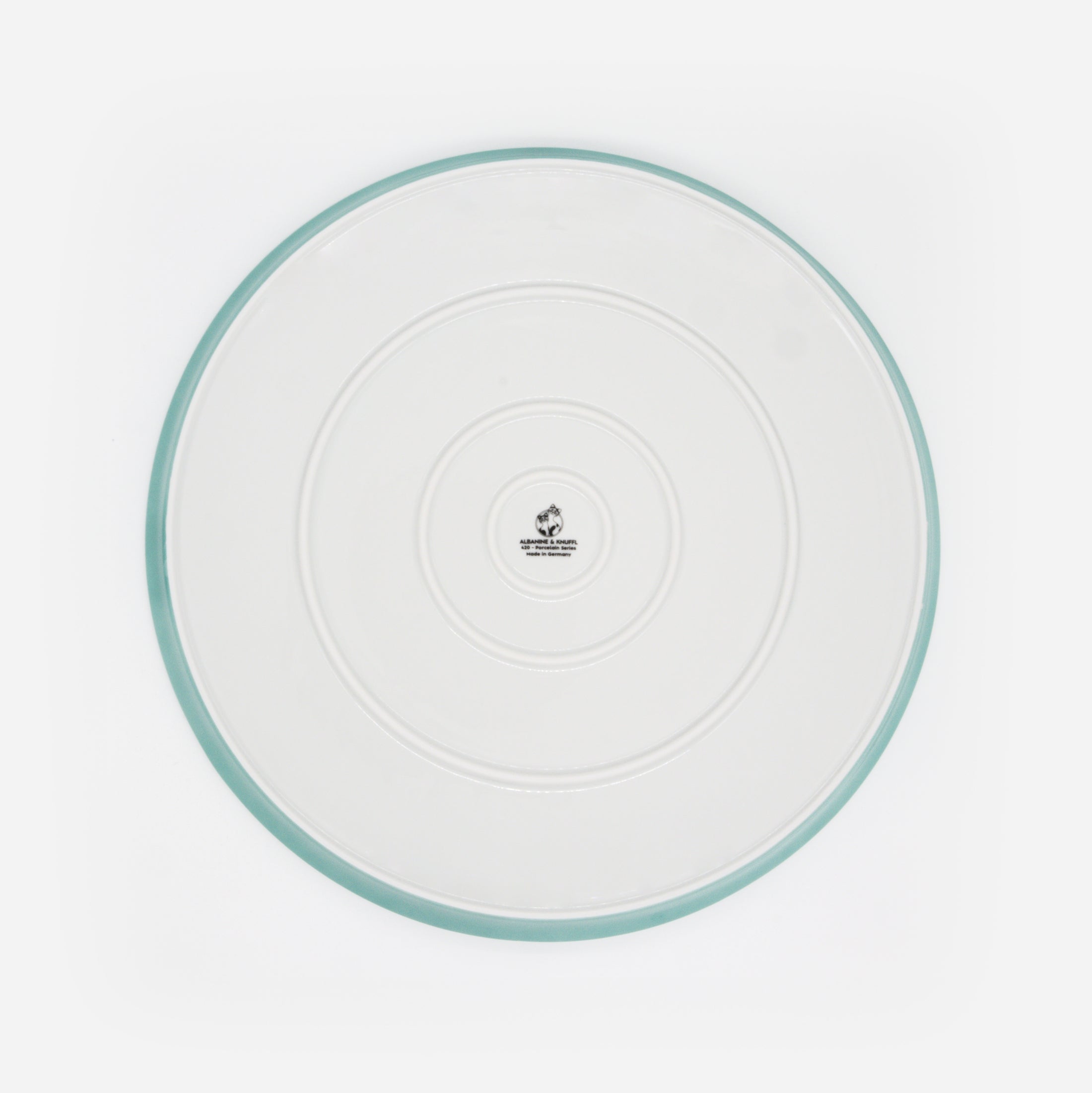 Rückseite Katzenteller türkis aus Porzellan in Größe 42 cm mit Füßen und Bodenmarke – Ansicht von oben (Jungle Dawn)