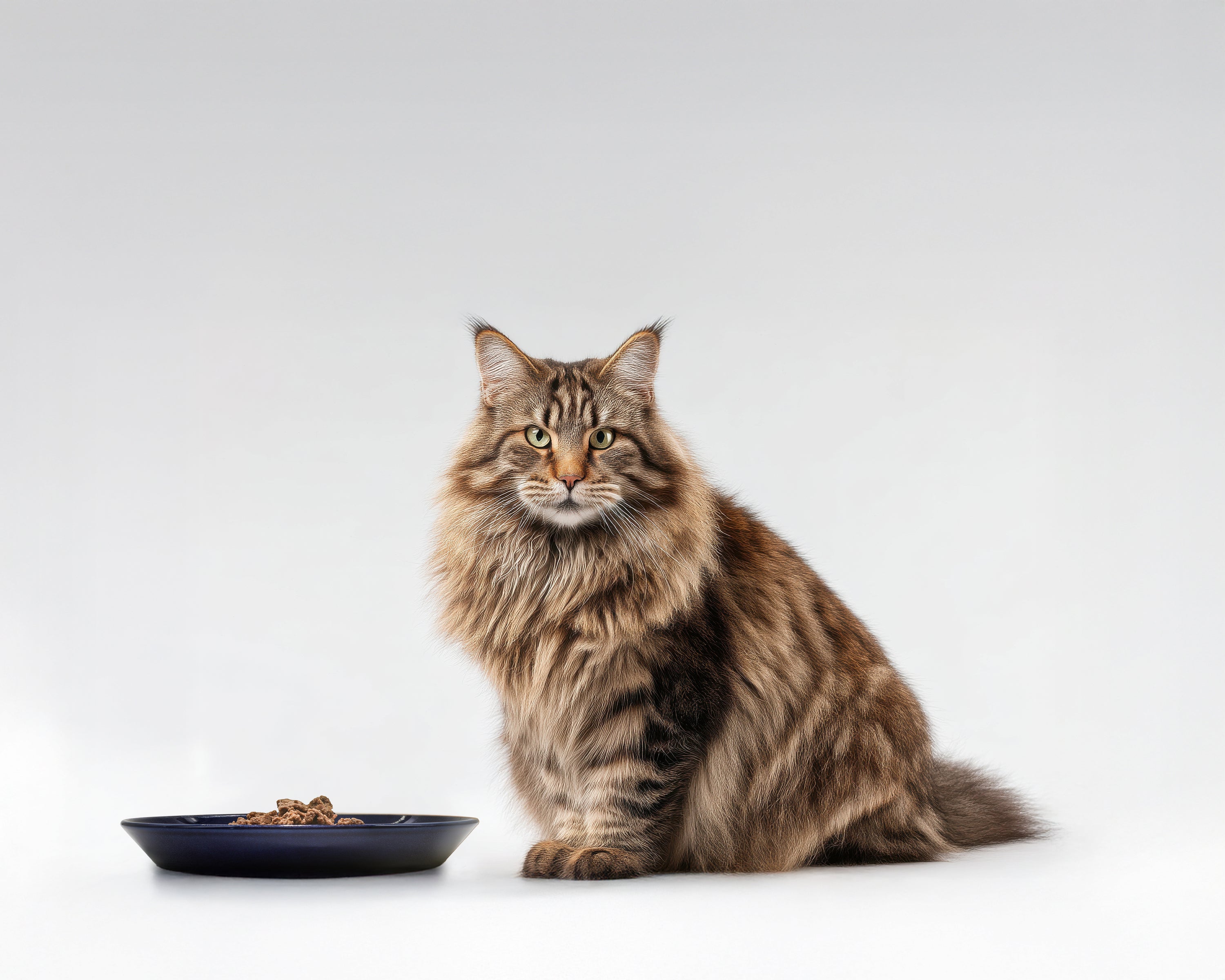 Stattliche Maine Coon Katze mit mittellangen Schnurrhaaren sitzt vor mit Nassfutter gefülltem, dunkelblauem Katzenteller für Katzen in Größe 20 cm von Albanine & Knuffl und schaut in die Kamera