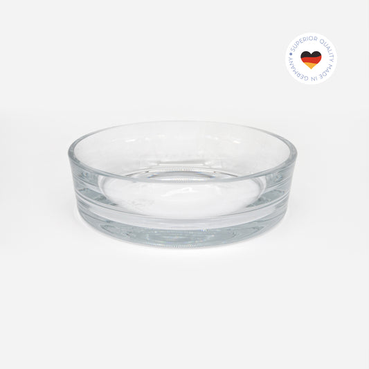 Trinkschale für Katzen aus farblosem Kristallglas in Größe 20 cm – Ansicht von schräg oben