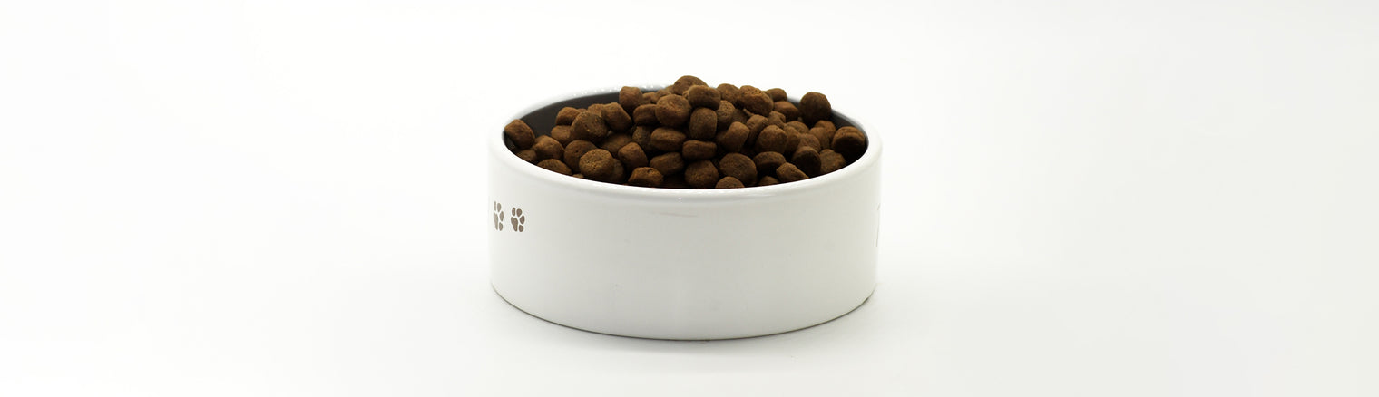 White cat food bowl with a small diameter and high rim – filled with dry food