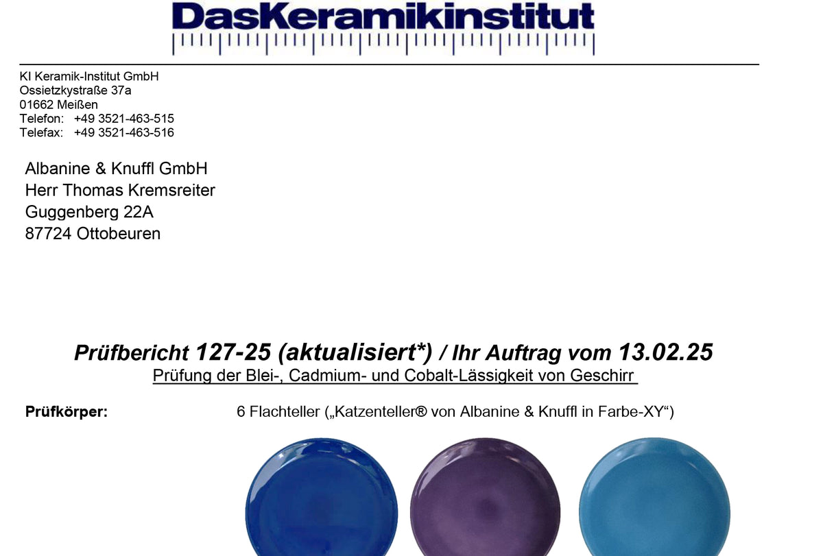 Screenshot Prüfbericht Lebensmittelzulassung der Katzenteller für Katzen von Albanine & Knuffl