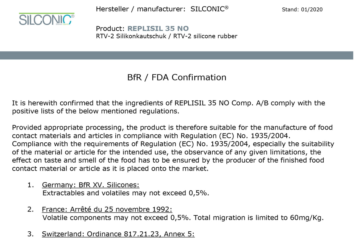 Screenshot Lebensmittelzulassung des für die Unterlagen für Katzengeschirr von Albanine & Knuffl verwendeten Siliconkautschuks